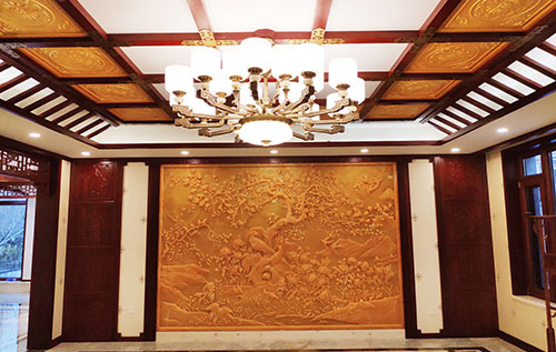 吉林中式别墅客厅中式木作横梁吊顶装饰展示